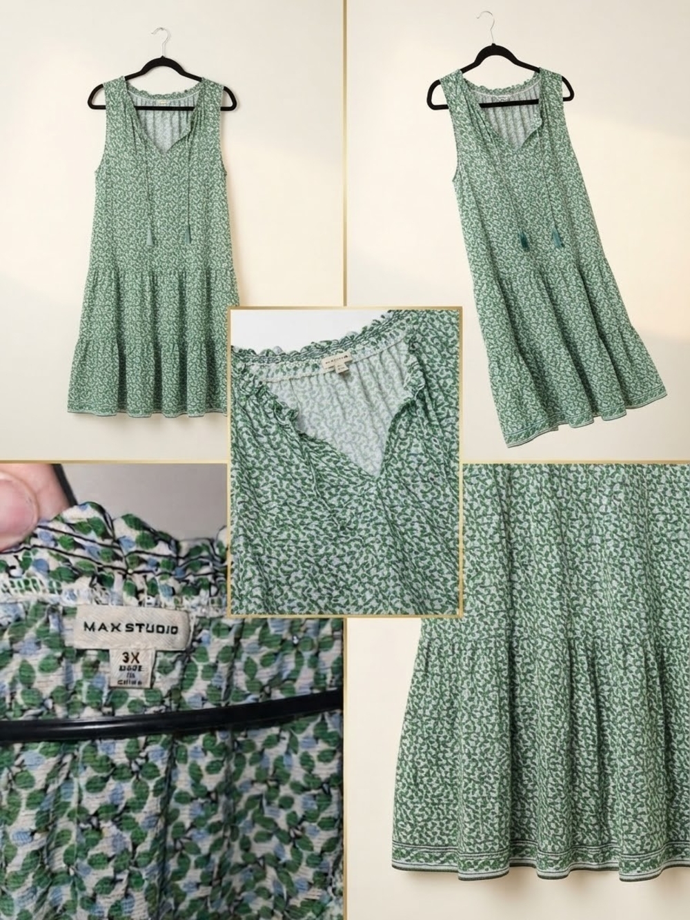Max Studio Green Printed Tiered Skirt Dress with Tassel Tie